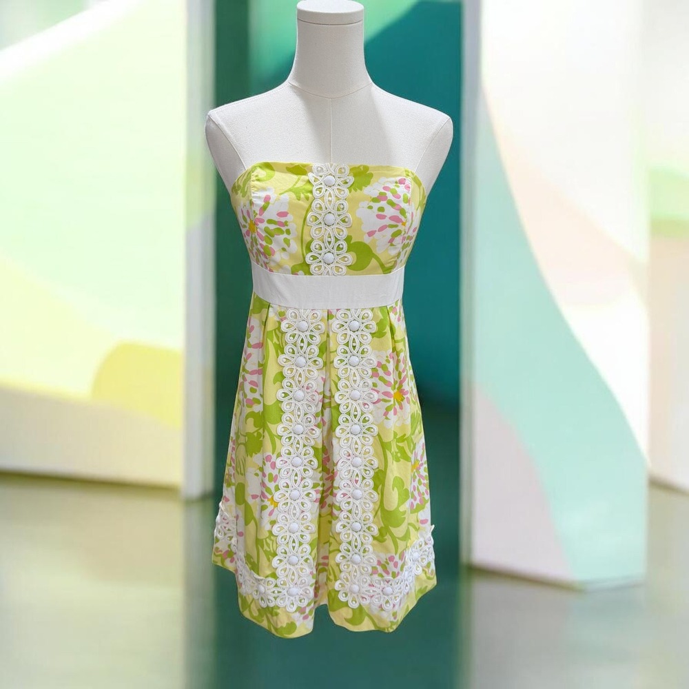 Lilly Pulitzer Jubilee Floral Eyelet Strapless Dress Cottagecore Coquette SZ 0
